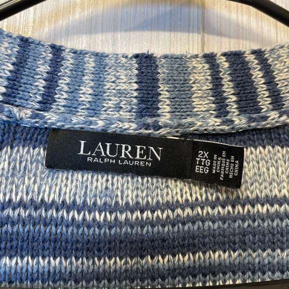 Lauren Ralph Lauren Belted Fringe Cardigan 2X | Blue Striped Linen Cotton blend - Picture 2 of 6